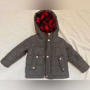 OshKosh B'gosh Gray Puffer Jacket with buffalo Red Plaid Lining boys 2t